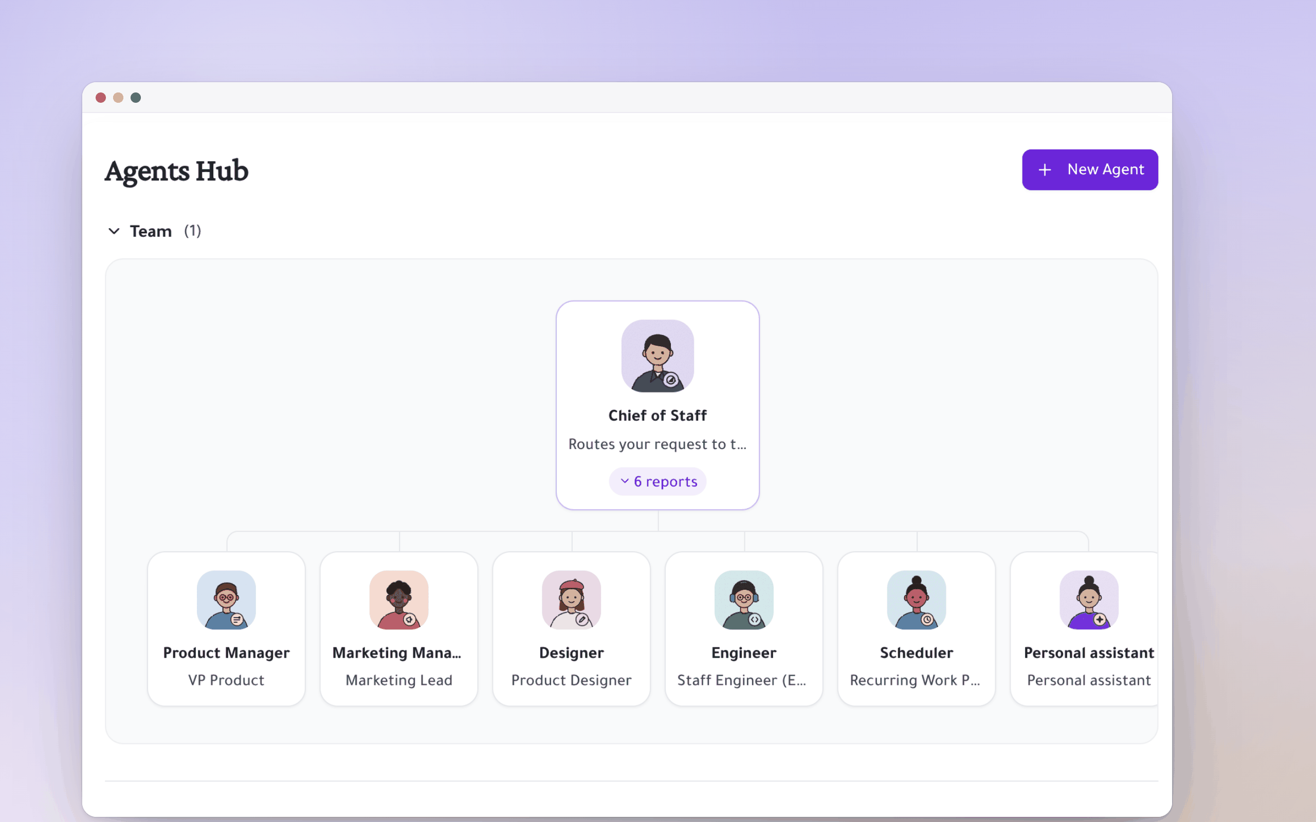 Agents Hub with a Chief of Staff leading a squad of specialist agents
