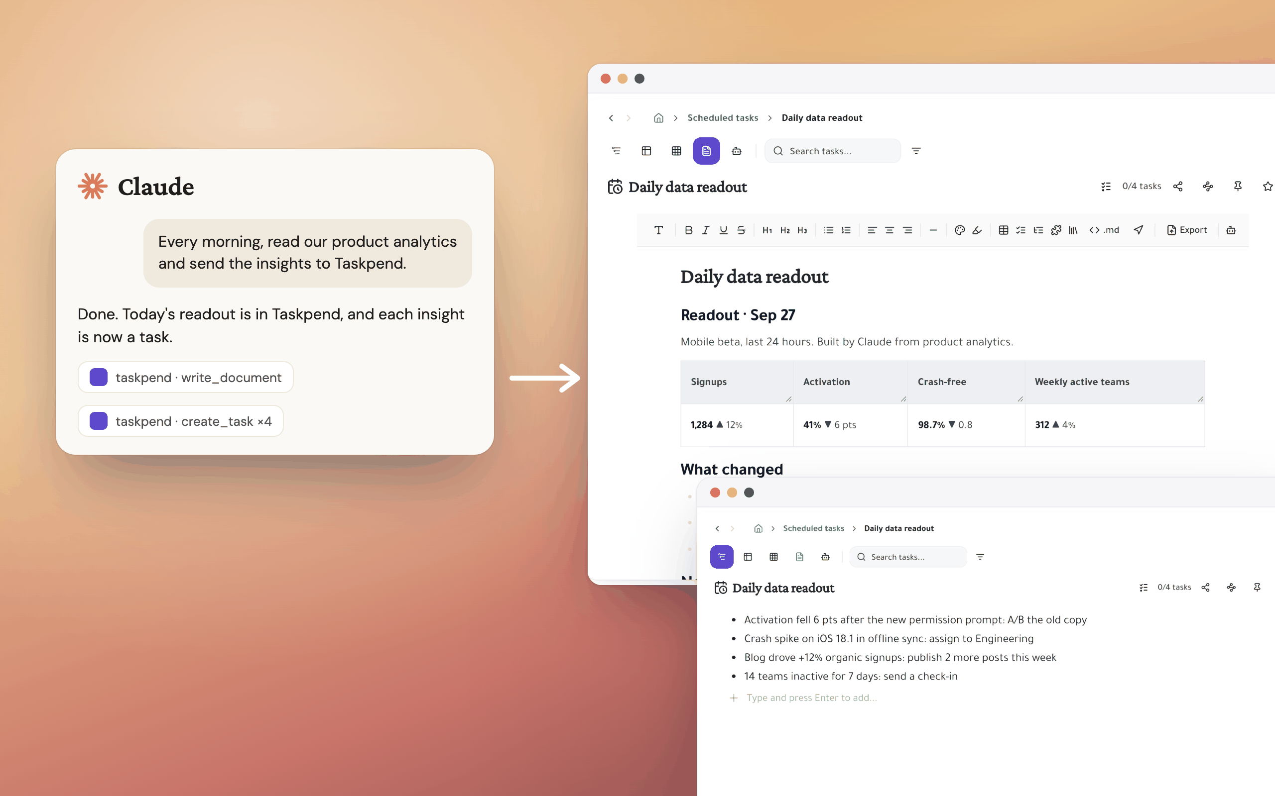 Claude posts a daily data readout to Taskpend and turns each insight into a task